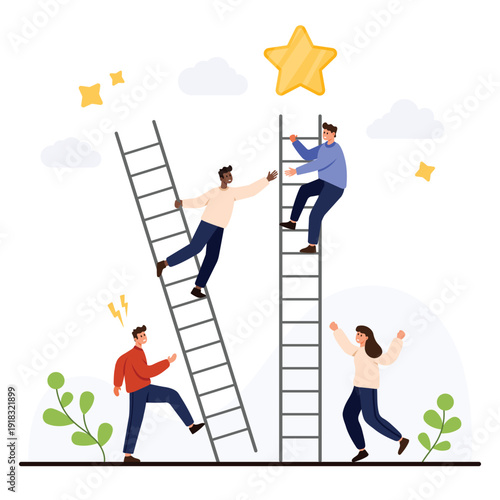 Business people climbing ladders toward a star symbolizing ambition, rivalry, teamwork, and support in workplace competition isolated on white background vector illustration