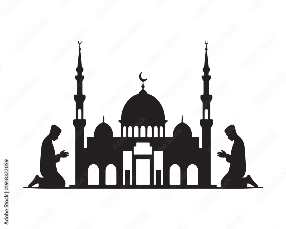 Fototapeta premium Islamic Worship Scene Black and White Illustration