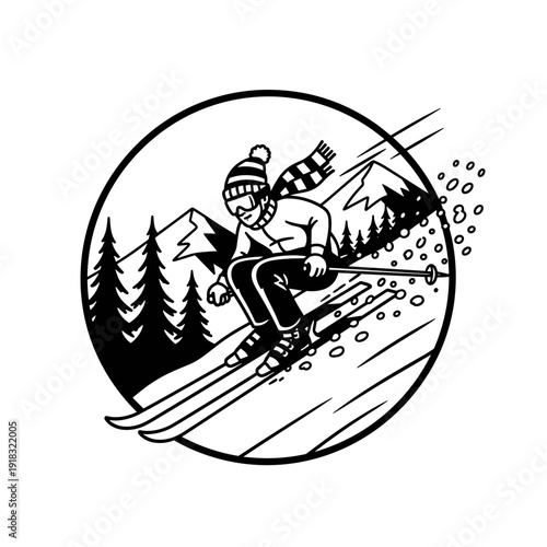 Skier descending mountain slope in winter sports illustration.