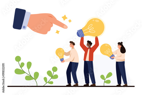 Business team members holding light bulbs symbolizing creative ideas while a large hand points to the best choice for innovation, teamwork on white background vector illustration