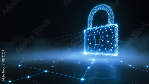 Glowing digital padlock representing cybersecurity and secure data network. Technology