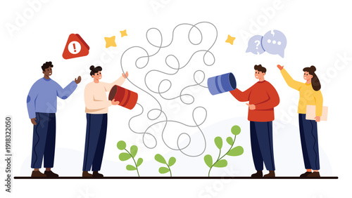 Business people struggle with tangled lines symbolizing misunderstanding, confusion, and communication issues in teamwork, problem solving, and workplace challenges isolated on white background vector