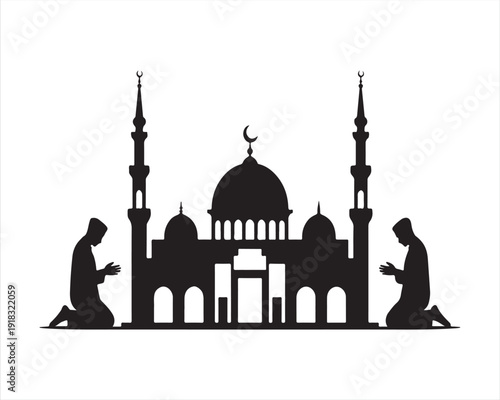 Islamic Worship Scene Black and White Illustration