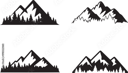 Majestic mountain peaks and forest landscape silhouette vector for outdoor sports apparel branding and wilderness travel guides