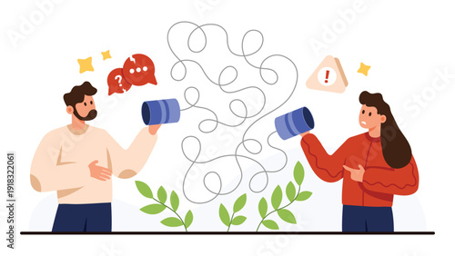 Two people using tin can phones struggle with tangled lines and confused expressions, symbolizing communication problems, misunderstanding, and misinterpretation isolated on white background vector