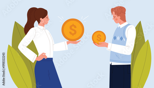 Businessman and businesswoman holding coins showing salary difference concept, useful for articles about wage gap, income inequality, finance, and workplace issues vector illustration