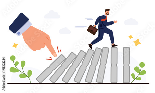 Businessman running on falling dominoes symbolizing risk management, crisis, and overcoming business challenges, perfect for concepts of strategy, leadership, and uncertainty isolated on white