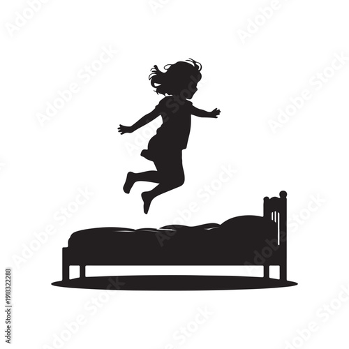 Happy Child Jumping on Bed Silhouette – Playful Kid at Home Vector Illustration