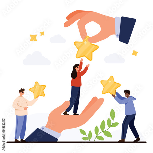 Business teamwork and employee support visualized with people receiving stars for achievement, symbolizing recognition, motivation, and encouragement in workplace vector illustration