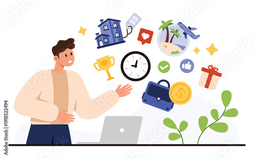 Young man overwhelmed by fear of missing out surrounded by icons of travel money success social media, gifts modern lifestyle stress concept isolated on white background vector illustration
