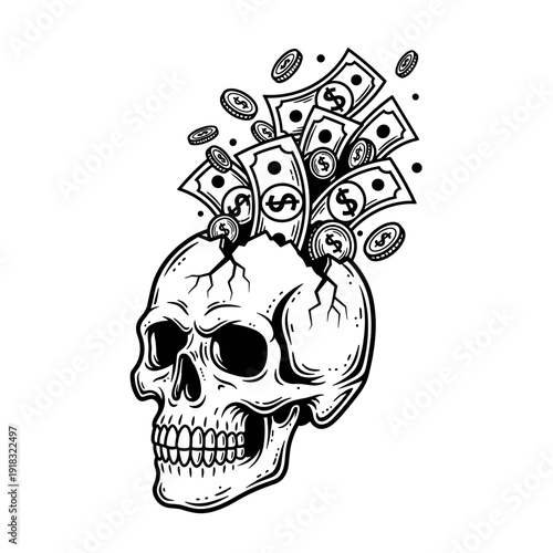 Skull with Money Bursting Out of Head Illustration.