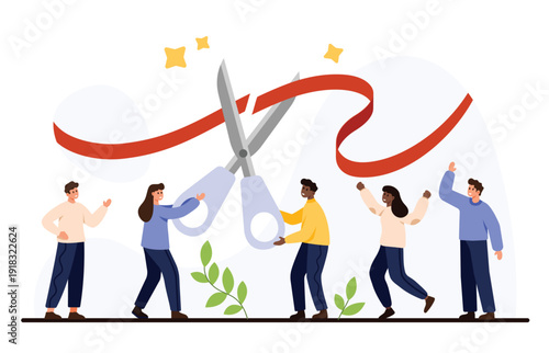 Business team celebrating grand opening with large scissors cutting red ribbon, symbolizing new beginnings, teamwork, and success, perfect for business launch concepts isolated on white background