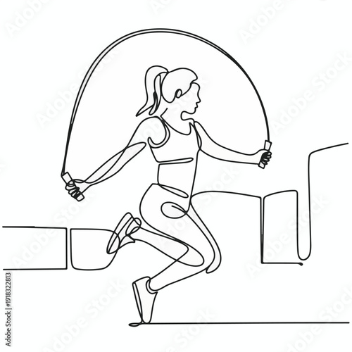 Woman Jumping Rope Over Hurdles Continuous Line Drawing – Fitness Training Vector Illustration
