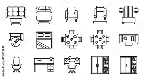 Collection of Furniture Icons in Top View Line Art Style.