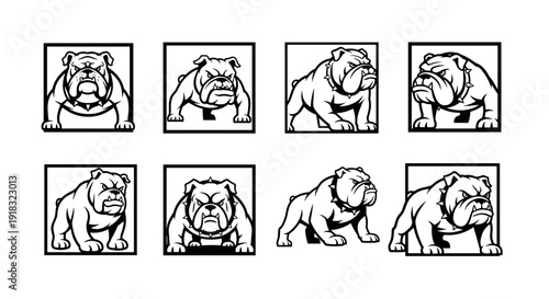 Collection of eight powerful black and white bulldog illustrations in various poses.