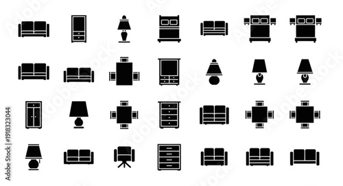 Collection of Black Furniture Icons on White Background.