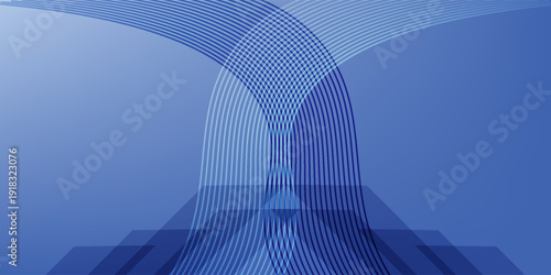Abstract Blue Digital Technology Background with Arching Data Lines and Geometric Architectural Elements.