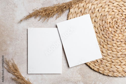 Tableau sur toile Wedding invitation or graating or flyer card mockup with two blank cards on a wo