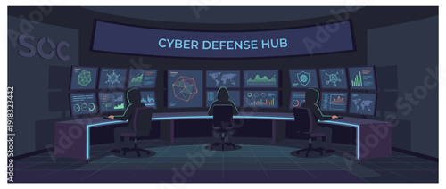 Flat vector illustration of a modern cybersecurity operations center or cyber defense hub with professional analysts monitoring digital threats on multiple data screens and network dashboards.