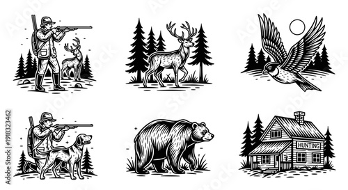 Vintage Hunting and Wildlife Engravings - Hunter, Deer, Bear, Bird, and Cabin Illustrations.