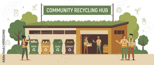 Flat Vector Illustration of a Community Recycling Hub with Volunteers Sorting Waste into Bins for Paper, Plastic, Glass, and Compost. Eco-friendly Sustainable Waste Management and Green Living.