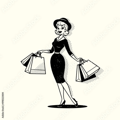 Retro Woman Enjoying Shopping Spree with Bags.