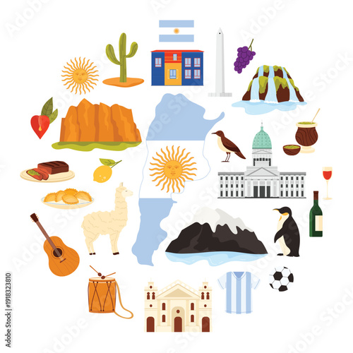 Obelisk of Buenos Aires and Iguazu Falls, Sun of May in circle with title cartoon vector illustration. Travel to Argentina, culture elements and nature, flag and map in round infographic banner