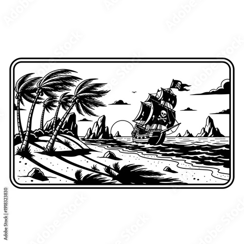 Pirate Ship Sailing Near Tropical Island Shoreline.