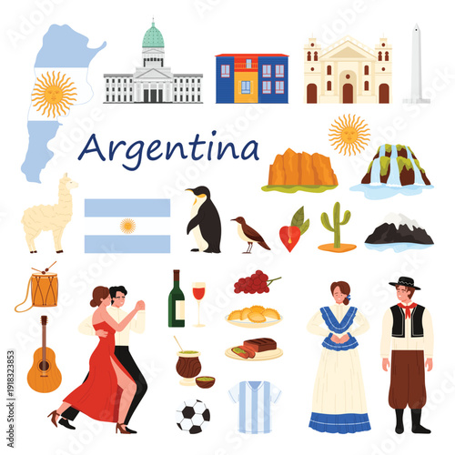 Travel to Argentina set. Historic monuments and culture landmarks, Argentinian people in national costumes, Iguazu Falls and canyons of National Parks, bandoneon and llama cartoon vector illustration