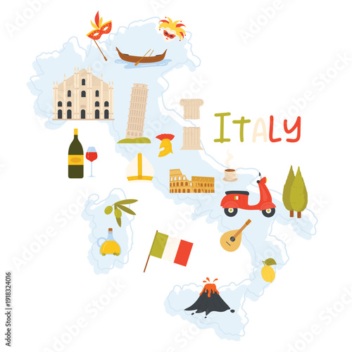 Italy map with famous architecture landmarks, ancient culture, food and wine stickers. Milan Cathedral and volcano mountain in Sicily, Rome Colosseum and Tower of Pisa cartoon vector illustration