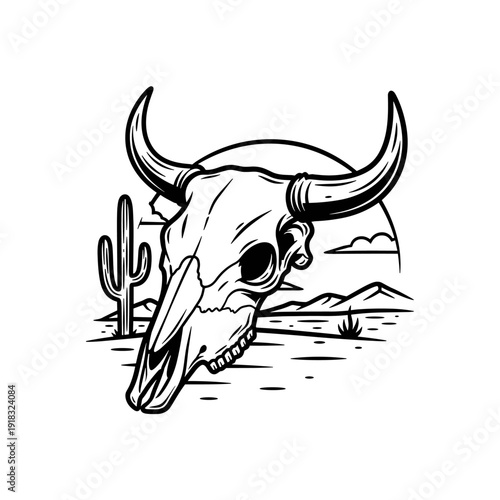 Detailed Illustration of a Bull Skull in a Desert Setting.