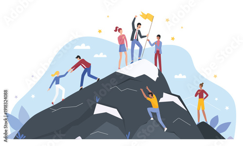 Vector illustration of a team helping each other climb a mountain peak, reaching the top with award trophy flag. Represents teamwork, achievement, and leadership in overcoming challenges.