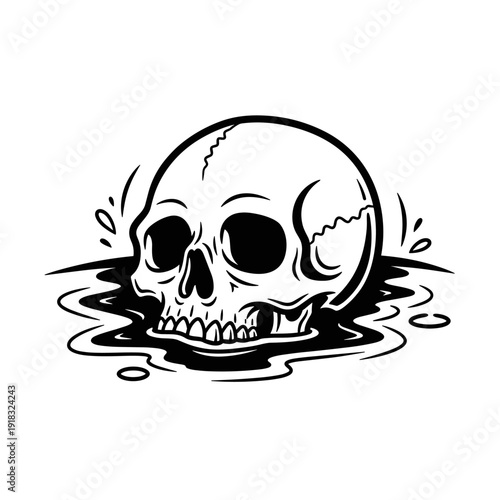 A detailed illustration of a human skull emerging from dark water.