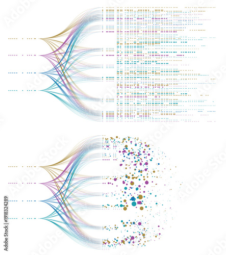 Data Visualization Network Infographic With Colorful Nodes, Curved Connections and Bubble Distribution