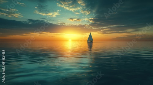 Sailboat at sunset over calm ocean.  Possible stock photo use