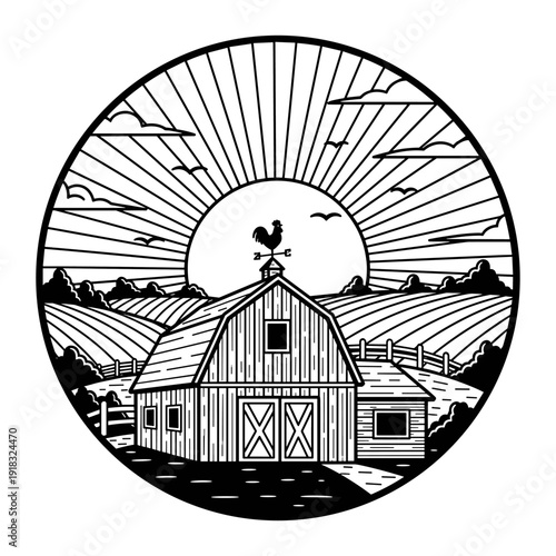 Rustic Barn with Rooster Weather Vane at Sunrise.