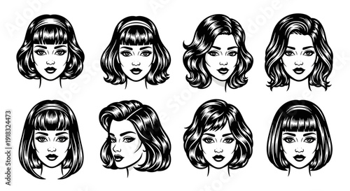 Set of eight beautiful womens faces with various hairstyles, black and white vector illustration.