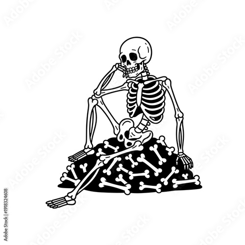 Skeleton Sitting on Pile of Bones Deep in Thought.