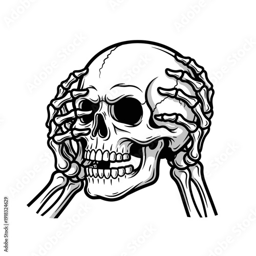 Skull with Hands Covering Eyes Illustration.