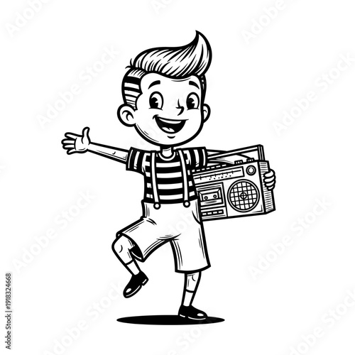 Happy young boy dancing with a boombox, black and white illustration.