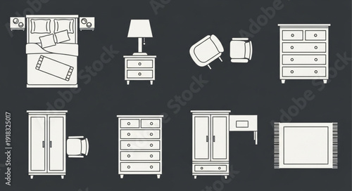 Collection of bedroom furniture line art illustrations.