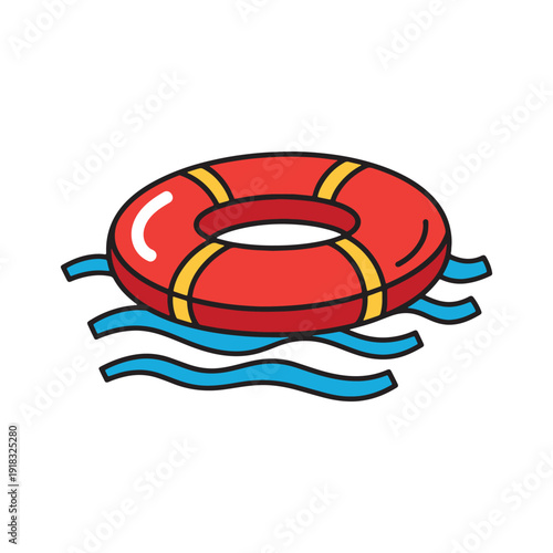 Red lifebuoy floating on blue water waves icon for safety and rescue