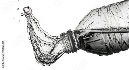 A clear plastic water bottle pouring water on transparent background
