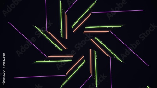 Abstract Neon Geometric Pattern Rotating on Dark Background.