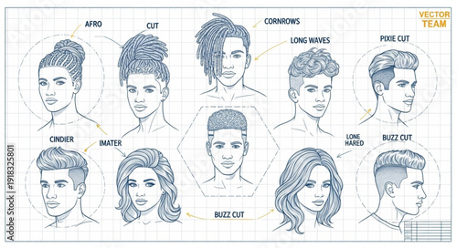 Collection of Diverse Hairstyles for Men and Women Illustrated.