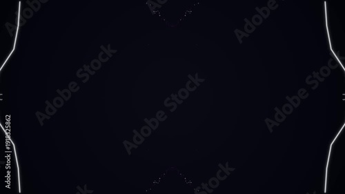 Abstract symmetrical light streaks and particles forming a diamond shape on a dark background.