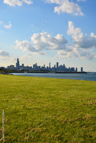 The Chicago skyline from a south side lakefront park.