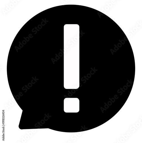 Exclamation mark communication icon in black speech bubble.