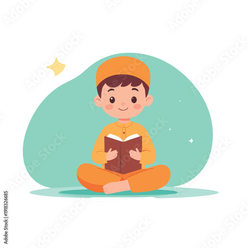 Smiling cartoon boy happily reading a book in a fun colorful illustration