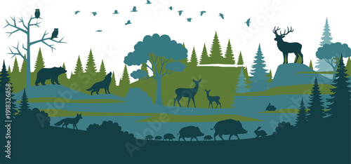 Forest landscape with silhouettes of trees deer birds and other wildlife in natural habitat scene